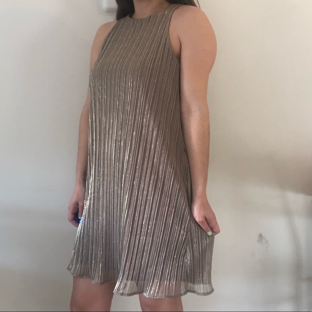 Vintage Pleated Party Dress - Taupe w/ Metallic